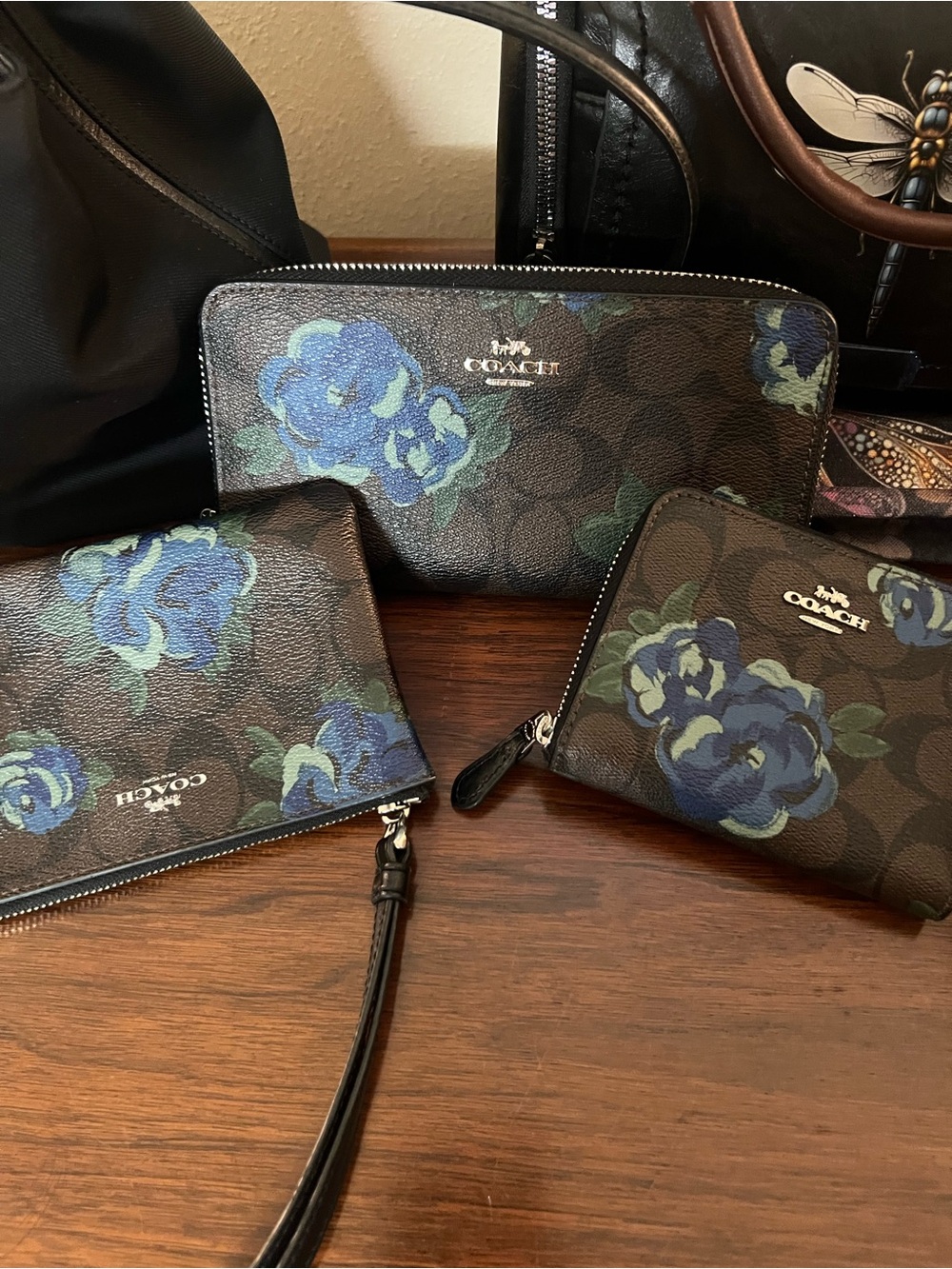 Coach Brown Signature Canvas Wallet Trio with Blue Floral Print - 3 piece set!